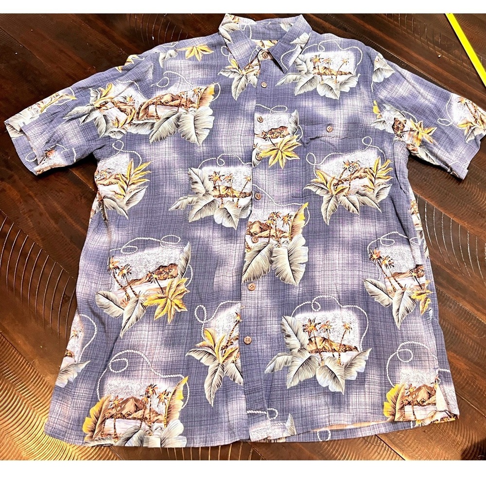 Batik Bay Hawaiian Shirt Mens XLT Purple Tropical Palm Tree Rayon Button Down